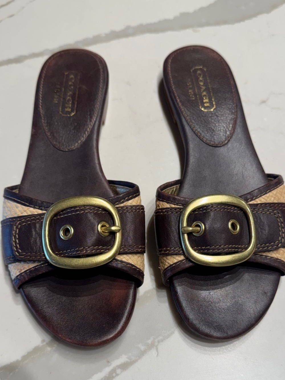 COACH Vintage Brown Leather and Raffia Slide Sandal Shoe